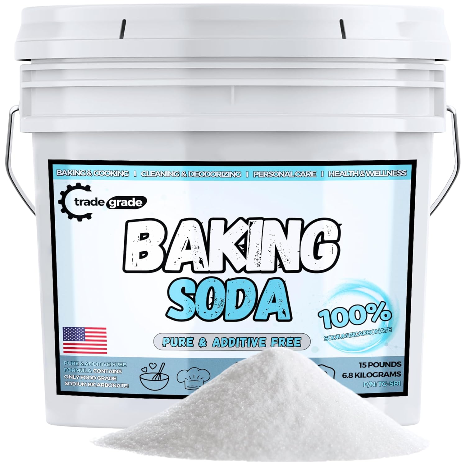TradeGrade Pure Baking Soda Powder – 15 lb Bucket, Sodium Bicarbonate Powder | Premium Food-Grade for Baking, Bread, Cookies & More | Baking Soda for Cleaning, Natural Cleaner & Deodorizer