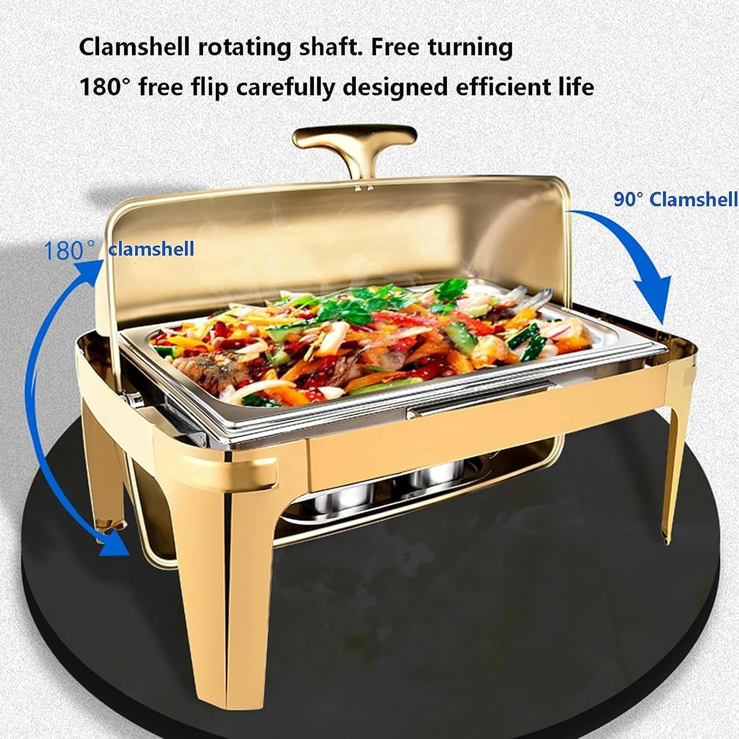 Buffet Server - Hot Pot Buffet Set, Round Heater with Stainless Steel Lid, Hot Plate, Cutlery Set with Fuel Holder, Server with Lid and Food Clip (Gold Plated Ceramics)