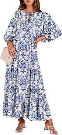 ANRABESS Women's Boho Floral 3/4 Puff Sleeve Maxi Dress
