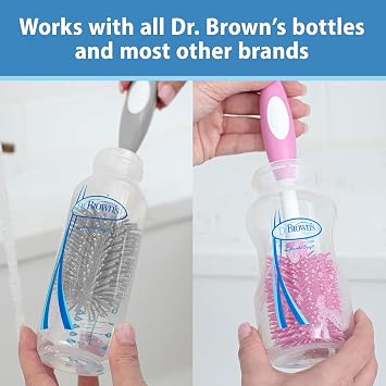 Dr. Brown's Soft Touch No Scratch Baby Bottle Cleaning Brush Nipple Cleaner with Stand and Storage Clip, BPA Free, Pink (Pack of 2)