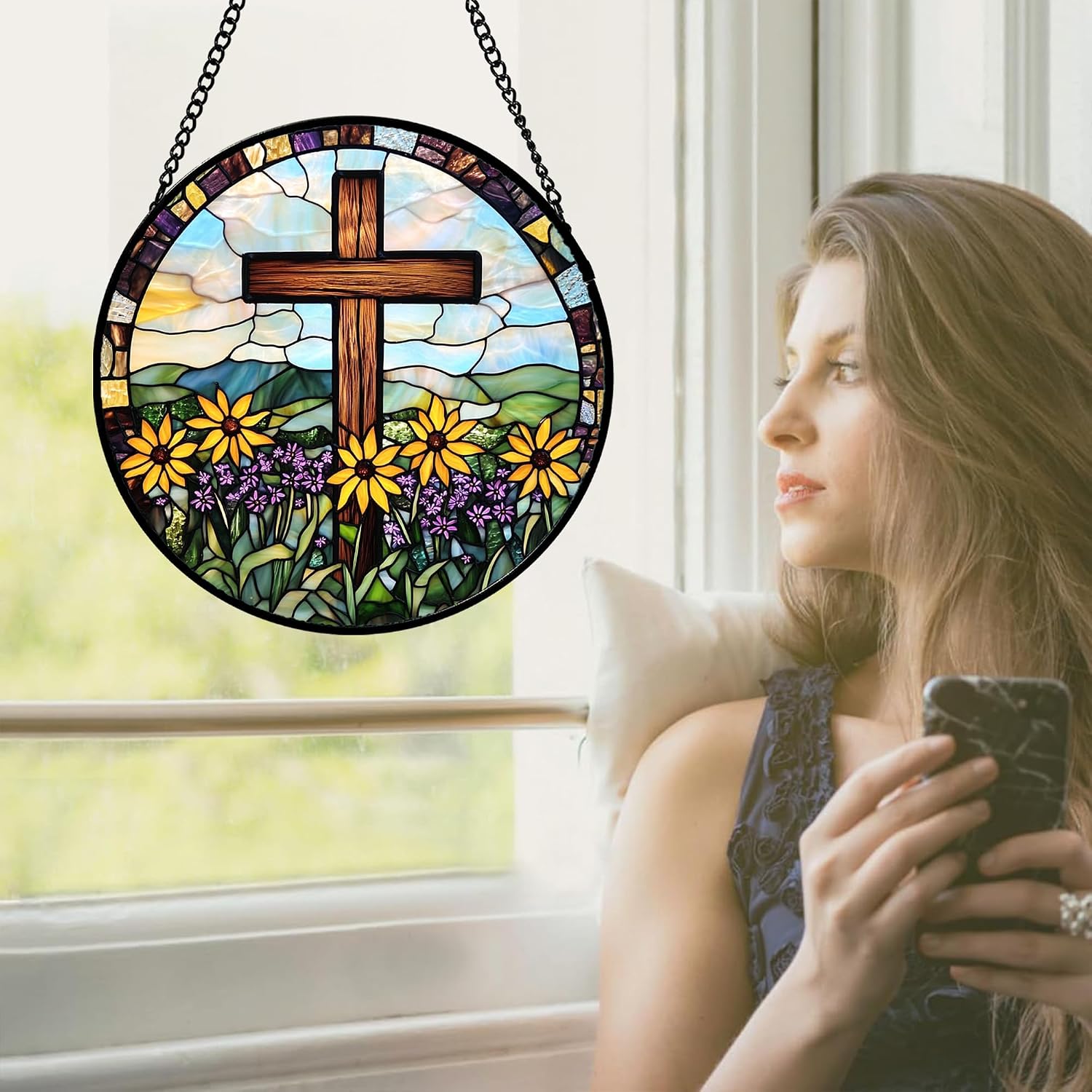 DASTOLL Christian Gifts for Women - Cross Stained Glass Window Hanging Easter Yellow Purple Wildflowers Sun Catcher Garden Religion Decor Mother's Day Catholic Gift for Men Grandma Nana Her Mom 6.3"