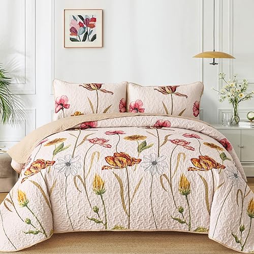 Miniatura 18 de WONGS BEDDING Juego de edredón floral tamaño King, juego de ropa de cama gris y amarillo con 2 fundas de almohada, juego de ropa de cama floral de