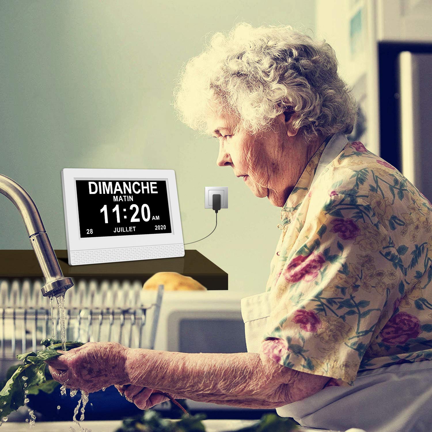 SINOIDEAS Zegar cyfrowy Alzheimera, 7-calowy zegar demencyjny LCD z datą, dniem i godziną, jest dla rodziców, dziadków (Ecru)