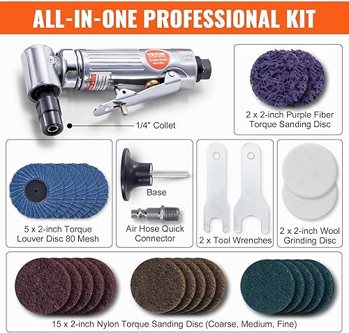 Miniatura 4 de VEVOR Amoladora neumática, amoladora de ángulo recto de 14 de pulgada, 20000 RPM, ligera, construcción de rodamientos de bolas, 24 discos para