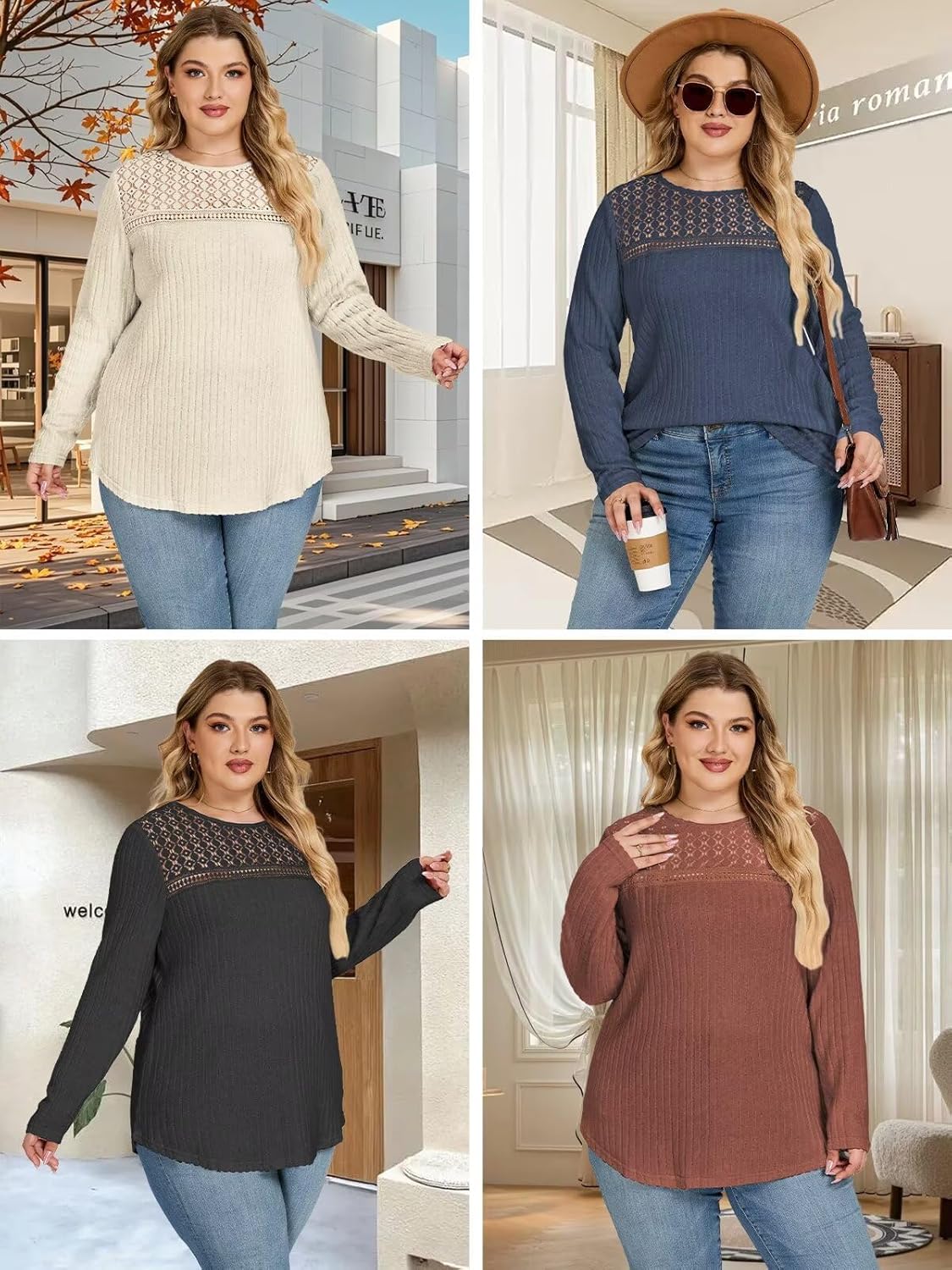 Plus-Size-Sweaters for Women Trendy Long Sleeve Lace Shirts Loose Lightweight Mesh Tops Casual Knit Pullover Tunics - Image 6