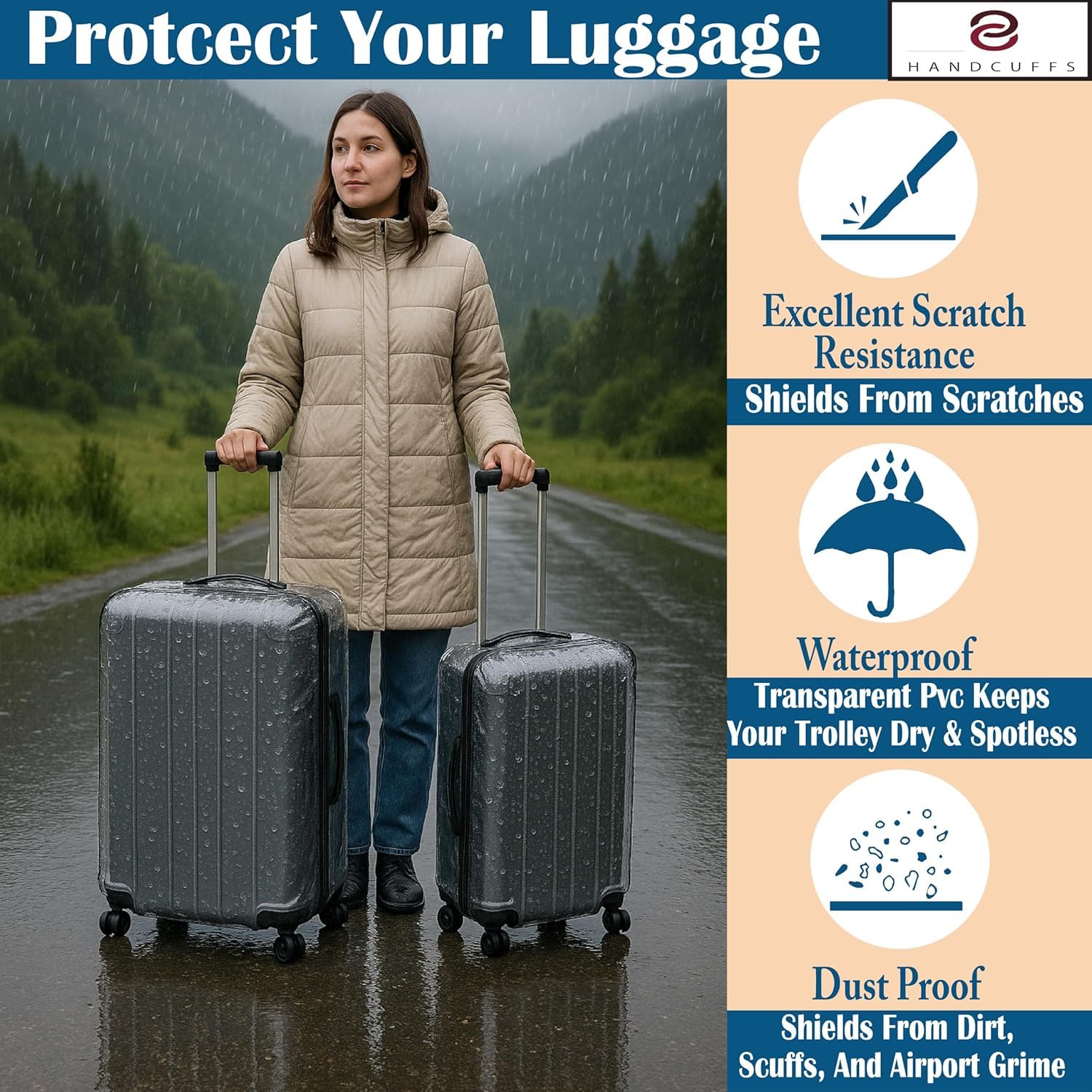 Handcuffs Transparent Luggage Trolley Protective Covers PVC Waterproof Travel Bag Suitcase Cover (Combo of 3 (20" + 24" + 28" Inches)) 1