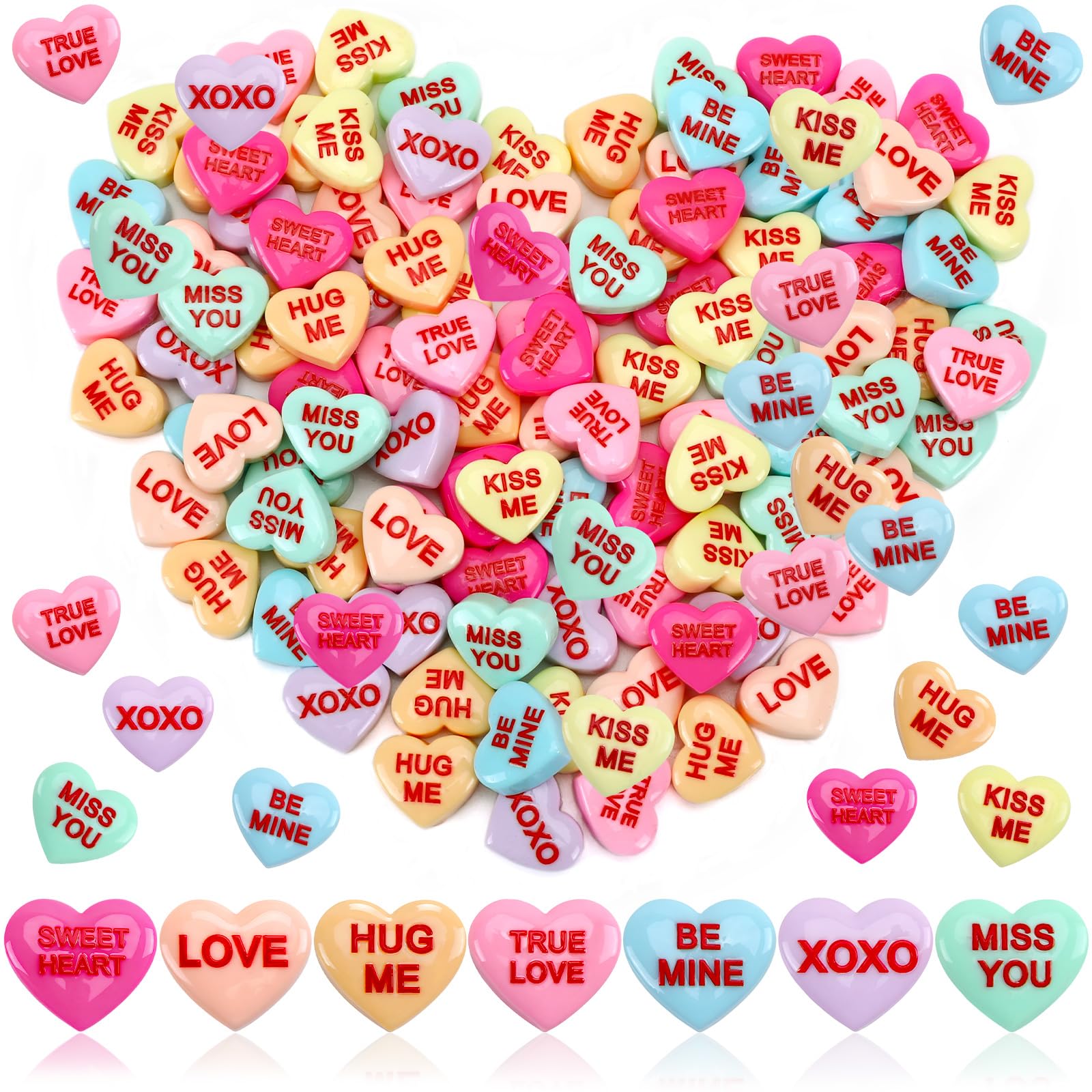 DTOFOOT 100 Pcs Conversation Hearts Decorations, Resin Candy Hearts for DIY Jewelry Making, Mini Heart Charms with XOXO True Love Phrases, Valentine's Day Craft Supplies