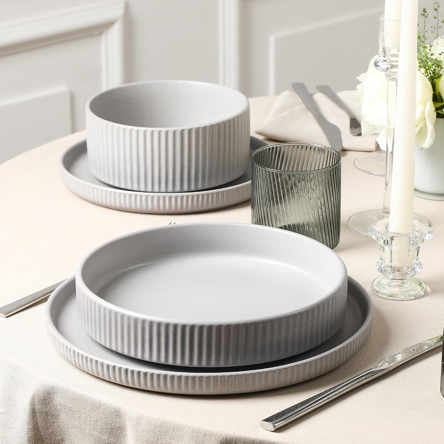 Stone Lain Haven Modern Stoneware 4 Piece Pasta Bowls Sets, Dish Set for 4, Reactive Glaze Grey