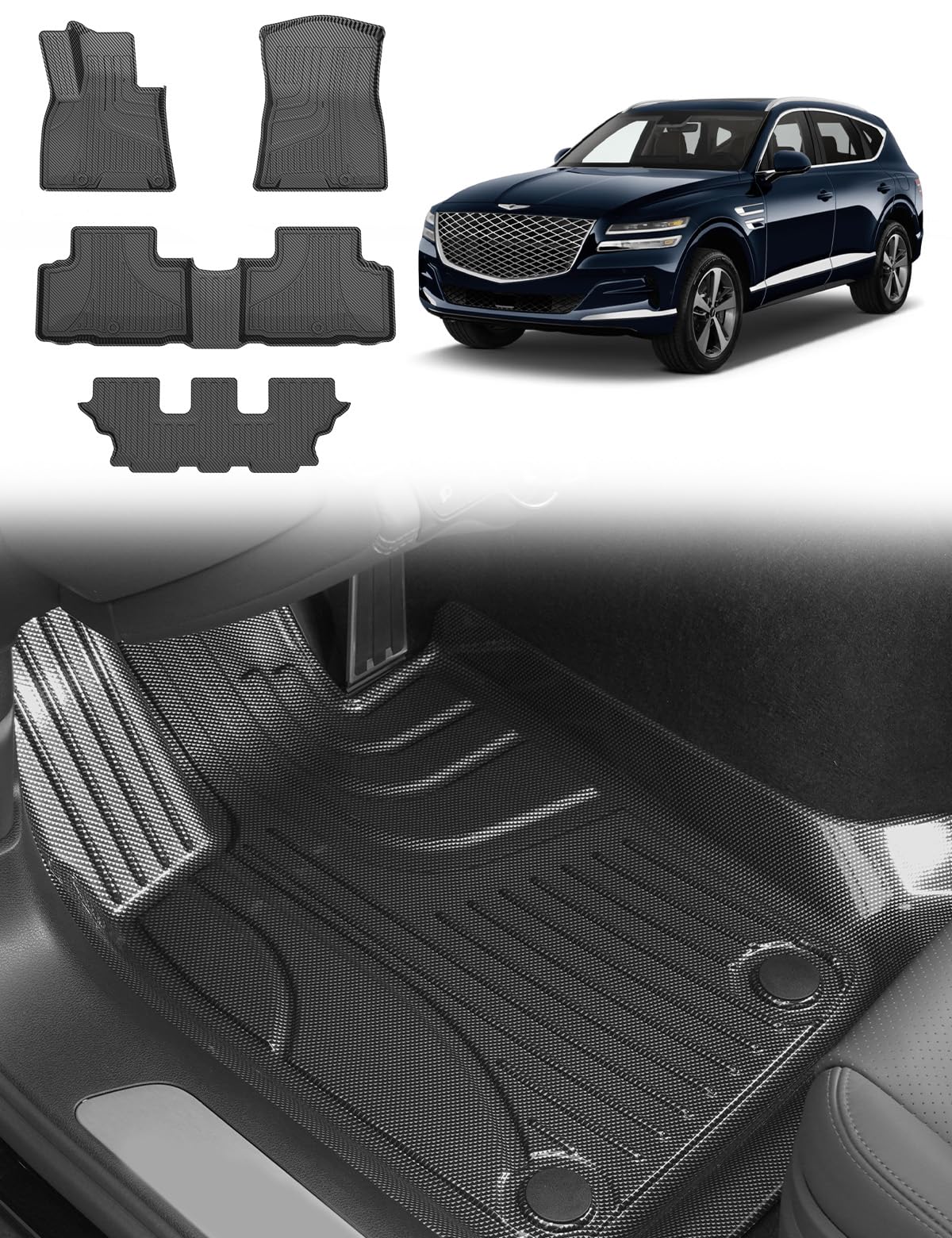 Carbon Fiber Pattern Floor Mats Fit for Genesis GV80 7-Seater (Not for Coupe) 2021-2025, Custom Fit Floor Liners - All Weather TPE Rubber Car Mats 3-Row Heavy Duty, Grey/Black