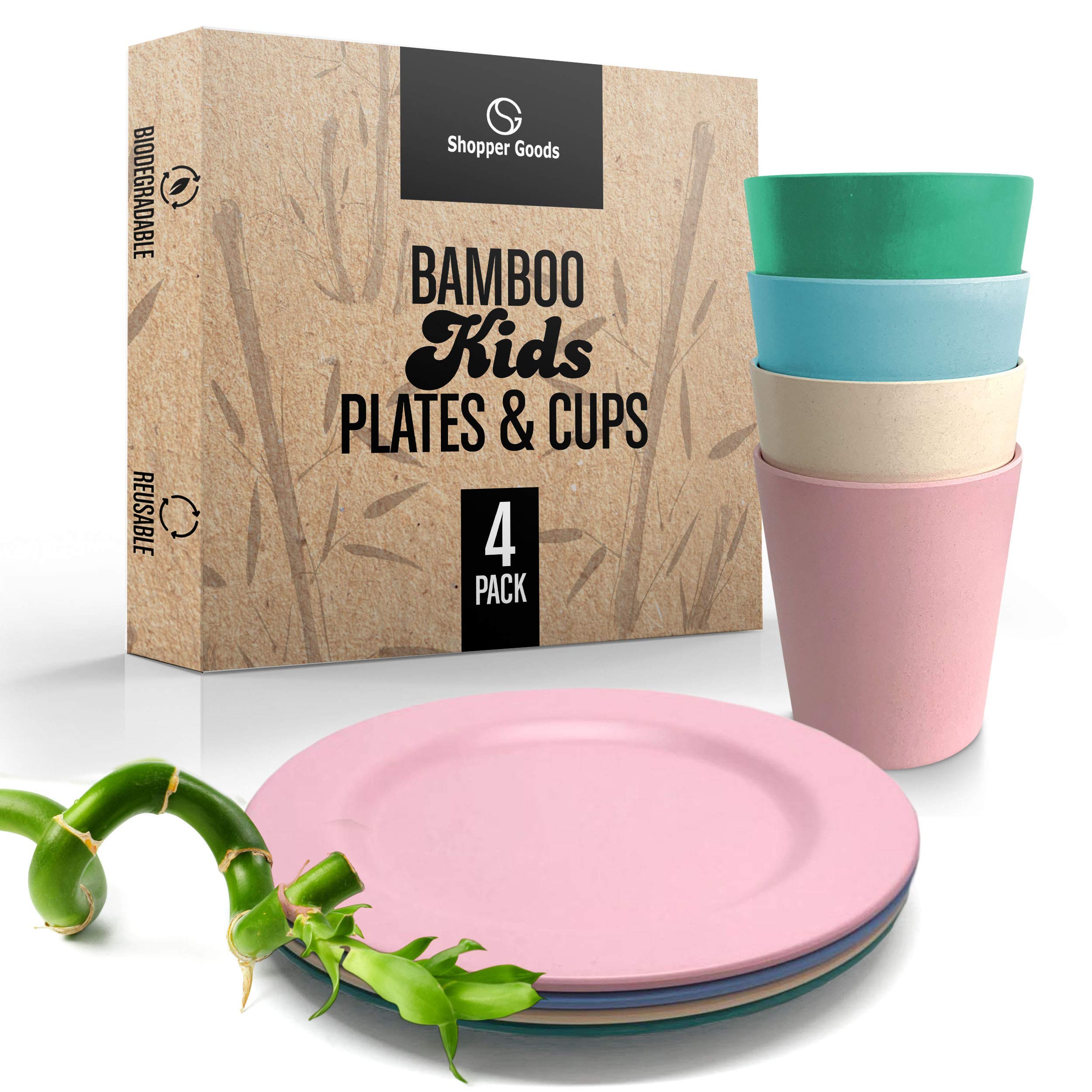 Shopper Goods Bamboo Toddler Cups & Plates Set Multi-Color | Eco-Friendly & BPA-Free | Reusable Non-Plastic Bamboo Fiber Cups & Plates | Non-Plastic Bamboo Fiber