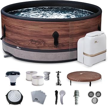 MSpa 6-Person Inflatable Hot Tub, Duet Round Bubble Massage Spa for Outdoor Use, Woodgrain - Portable Spa Machine with Accessories for Home and Personal Relaxation