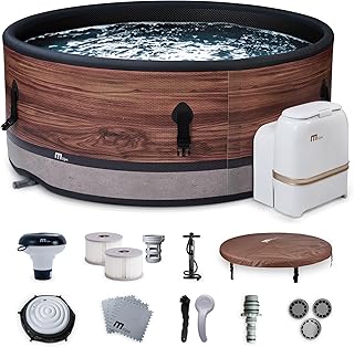MSpa 6-Person Inflatable Hot Tub, Duet Round Bubble Massage Spa for Outdoor Use, Woodgrain - Portable Spa Machine with Accessories for Home and Personal Relaxation
