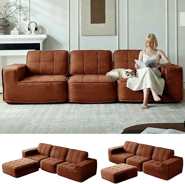 108" Boneless sectional Couch for Living Room,Convertible L-Shape Fleece Couches with Ottoman, Cloud Modular Sofa with Deep Seat for Bedroom, No Assembly, Orange