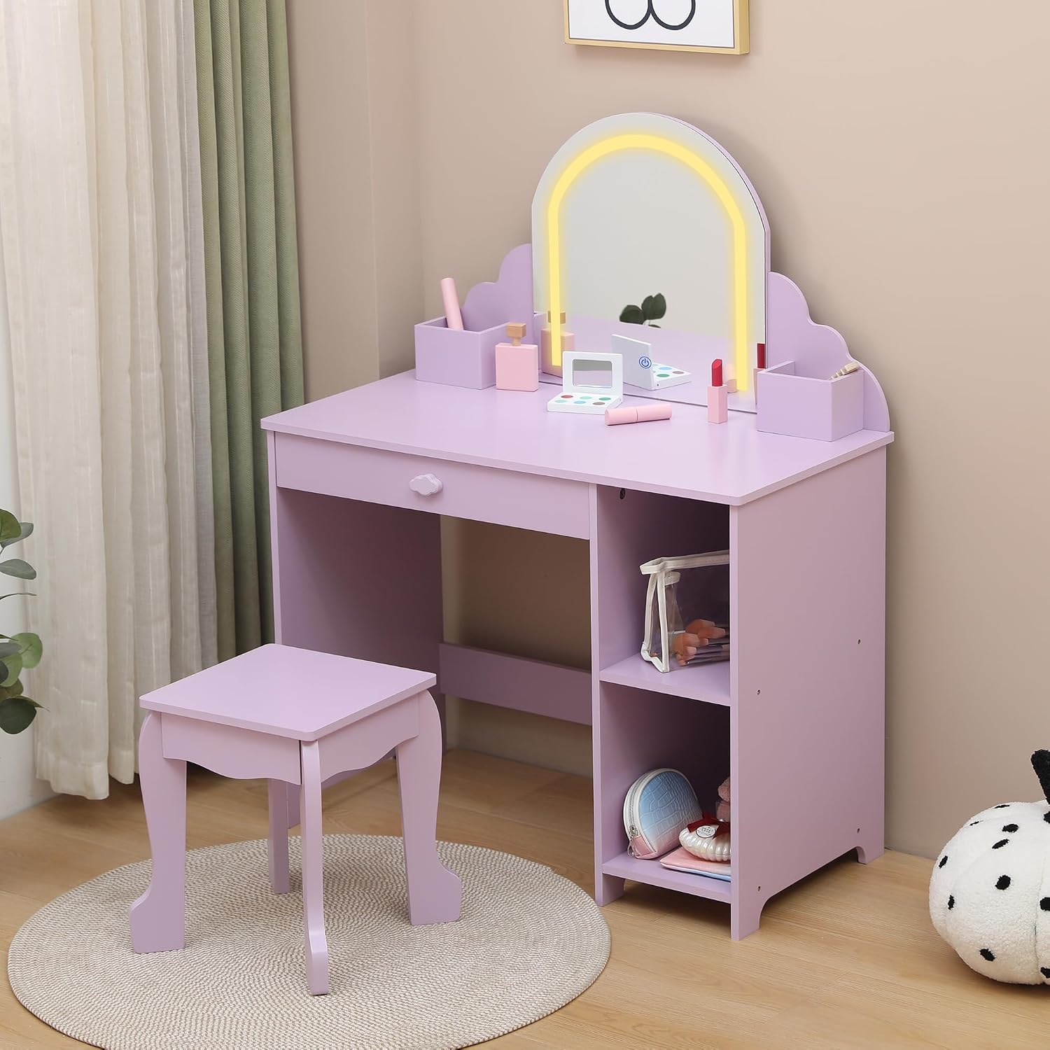 GarveeLife Dressing Table for Children, Girls, with Stool & LED Lights, Desk for Children from 3 Years with Mirror, Princess Dressing Table with 1 Drawer, Purple with Accessories