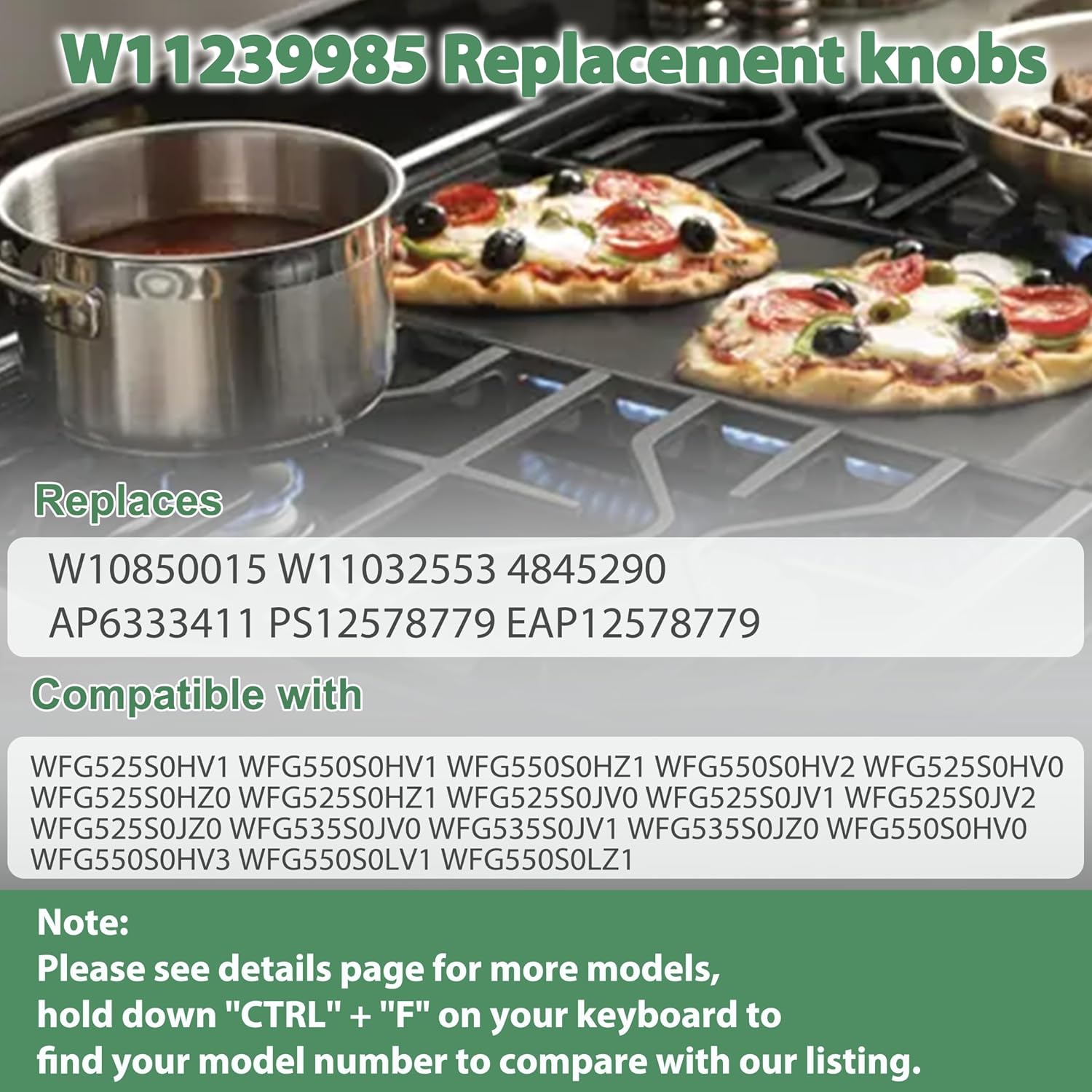 W11239985, 4845290, W11032553, W10850015 Control Knobs, Compatible with Whirlpool WFG525S0HZ1, WFG550S0HZ0, WFG525S0HZ0, WFG525S0JV0, Stainless Steel Stove Knob Replacement, 5 Pcs