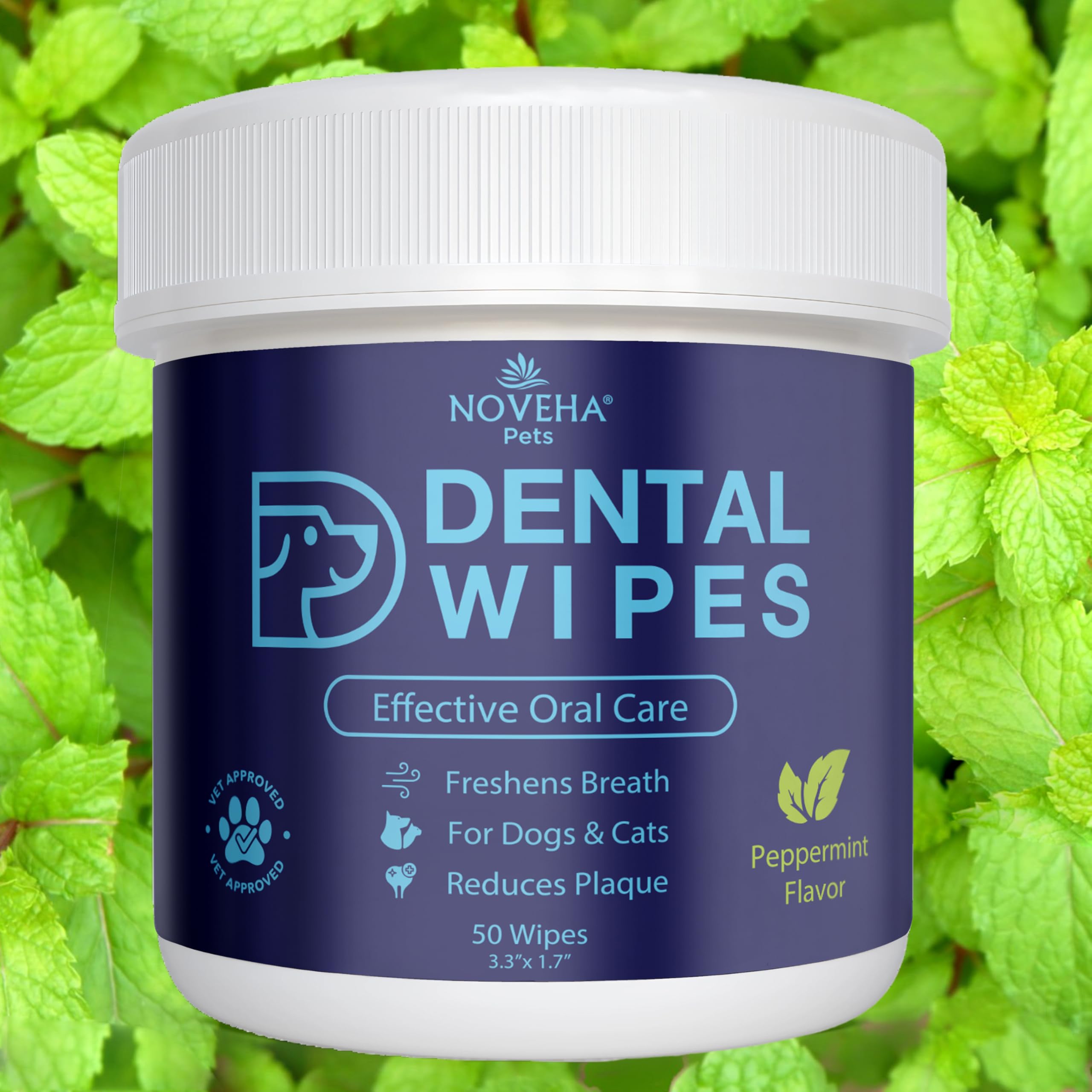 NOVEHA Lot de 50 lingettes dentaires pour animaux de compagnie pour chiens et chats | Rafraîchit l'haleine, réduit la plaque dentaire | Des gencives plus saines | Nettoie les dents sans brosse à dents
