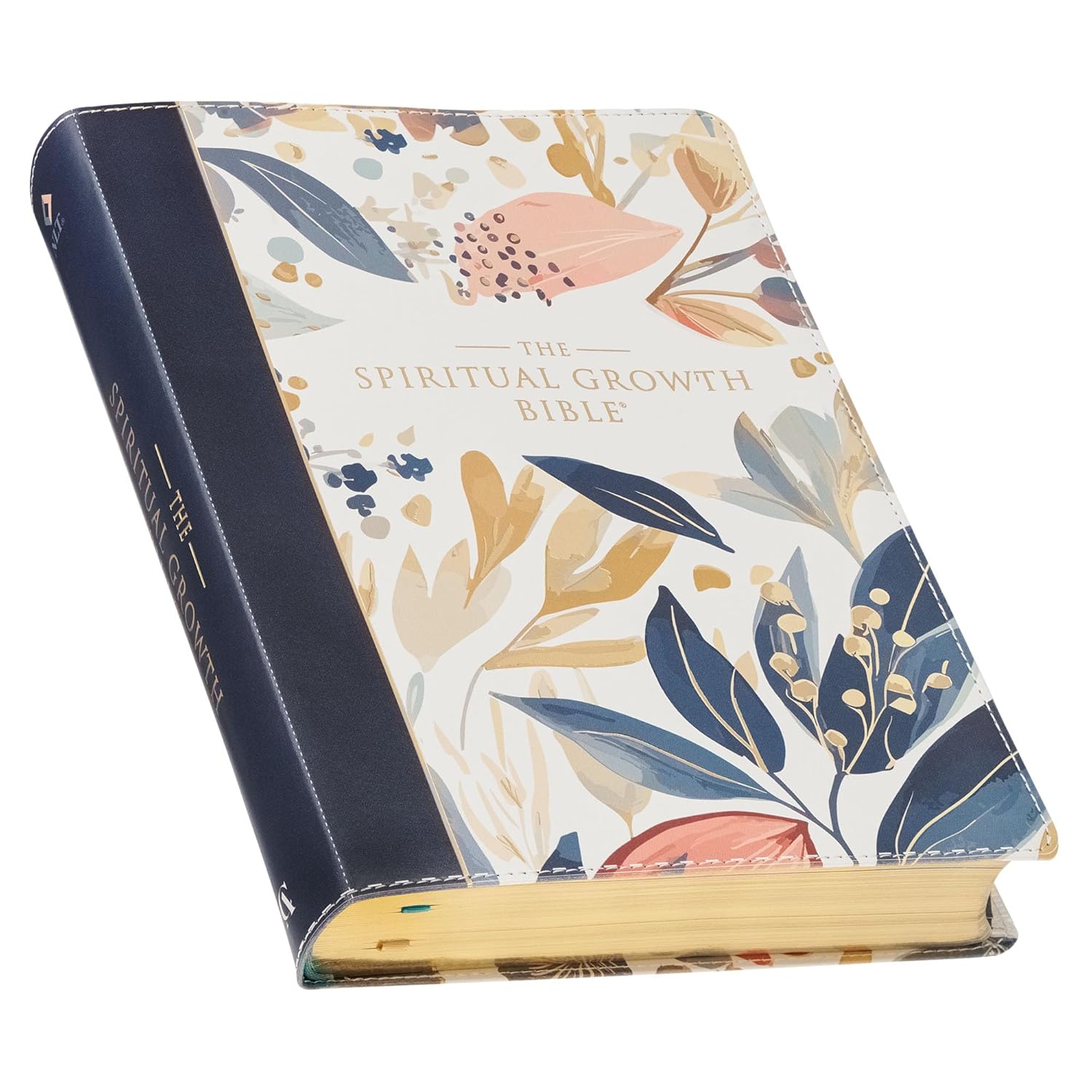 The Spiritual Growth Bible, Study Bible, NLT - New Living Translation Holy Bible, Faux Leather, Navy/Leaf Design