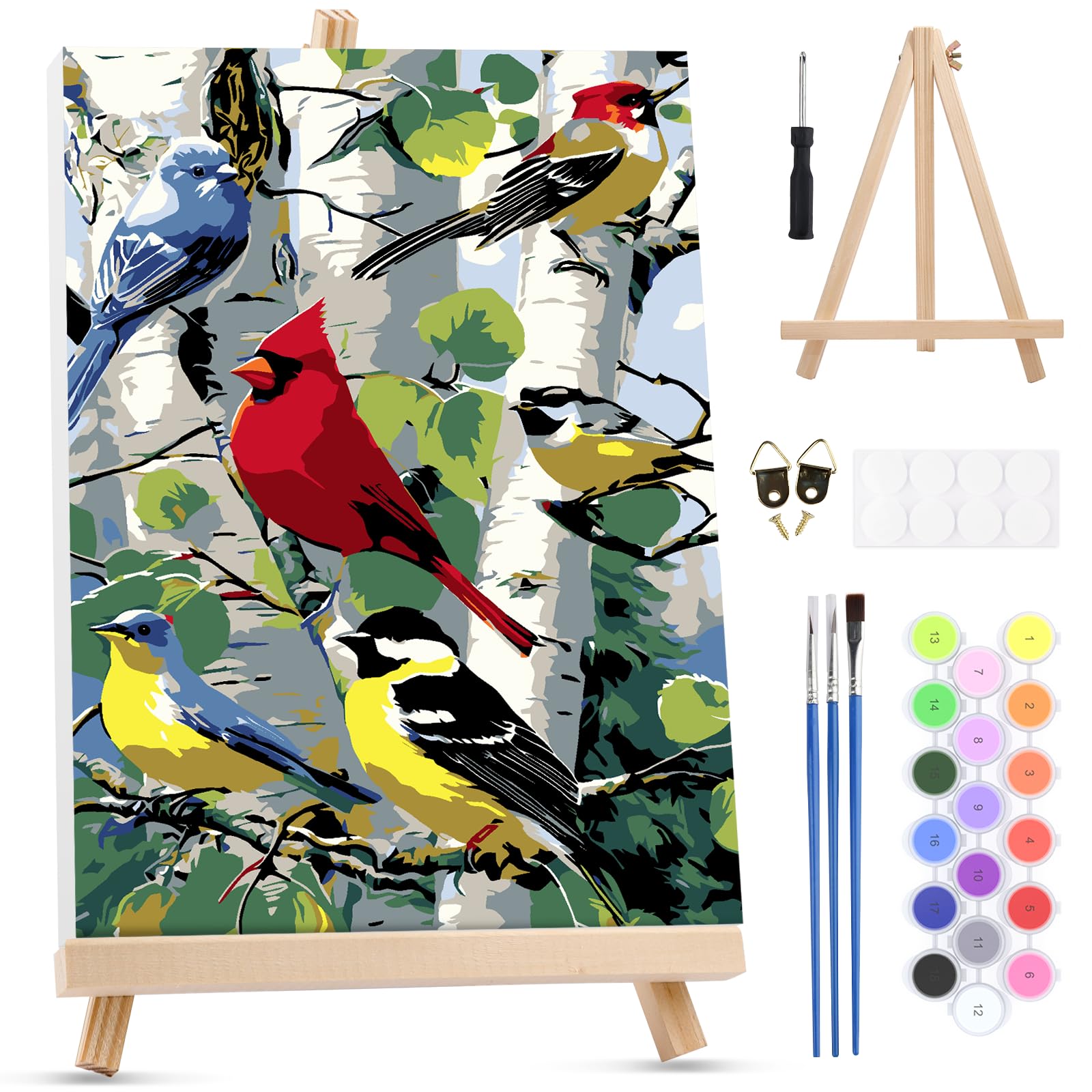 MXJSUA Birds Paint by Numbers Kit with Frame for Adult Beginner, Tree Animal Adults Paint by Number Kits on Canvas with Easel, Acrylic Oil Painting Art Craft Kits, 20x30cm/8x12inch