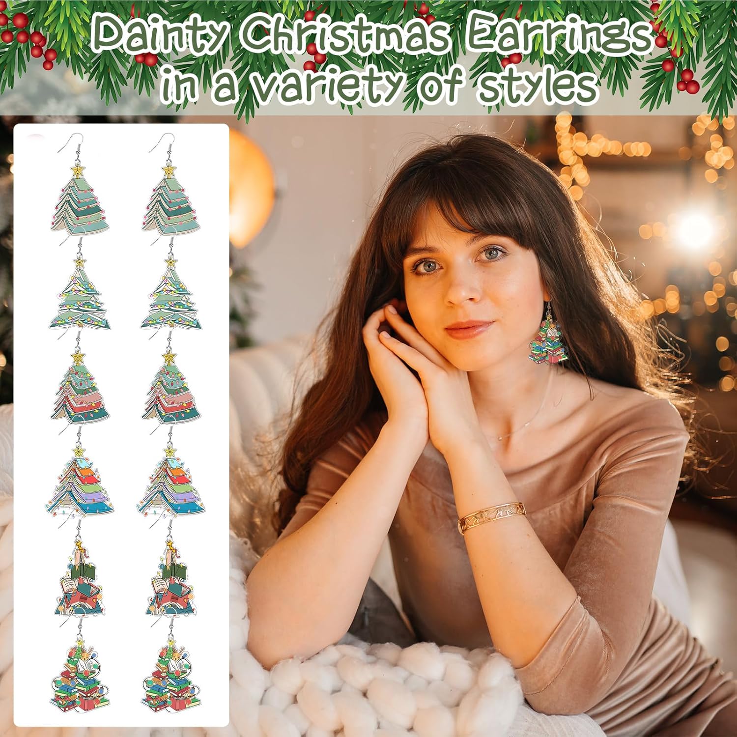 Quelay 6 Pairs Christmas Books Earrings Bulk as Teacher Gifts Cute Book Earrings as Lovers Gifts Stack Christmas trees Double Sided Acrylic Party Jewelry - Image 5