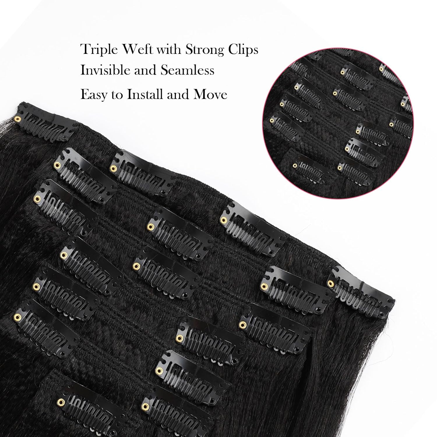 Sassina Real Remy Thick Yaki Straight Clip in Virgin Human Hair Extension Natural Black Double Wefts for African American Black Women 7 Pieces 120g with 17 Clips, YS 18 Inch