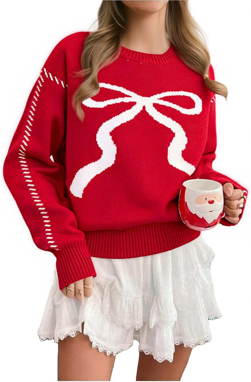 LUKYCILD Christmas Sweaters for Women Merry Sweater Long Sleeve Crewneck Sweaters Rib-Knit Sweatshirt Xmas Pullover Tops