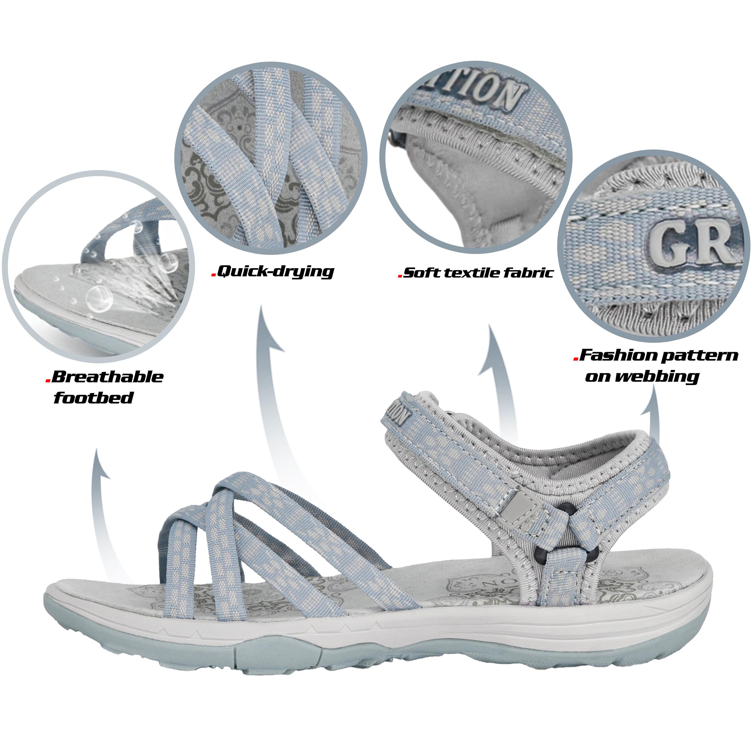GRITION Sandalias Deportivas para Mujer, Sandalias de Verano para Senderismo Al Aire Libre para Señoras, Zapatos Planos Ajustables con Punta Abierta y Atados Cruzados