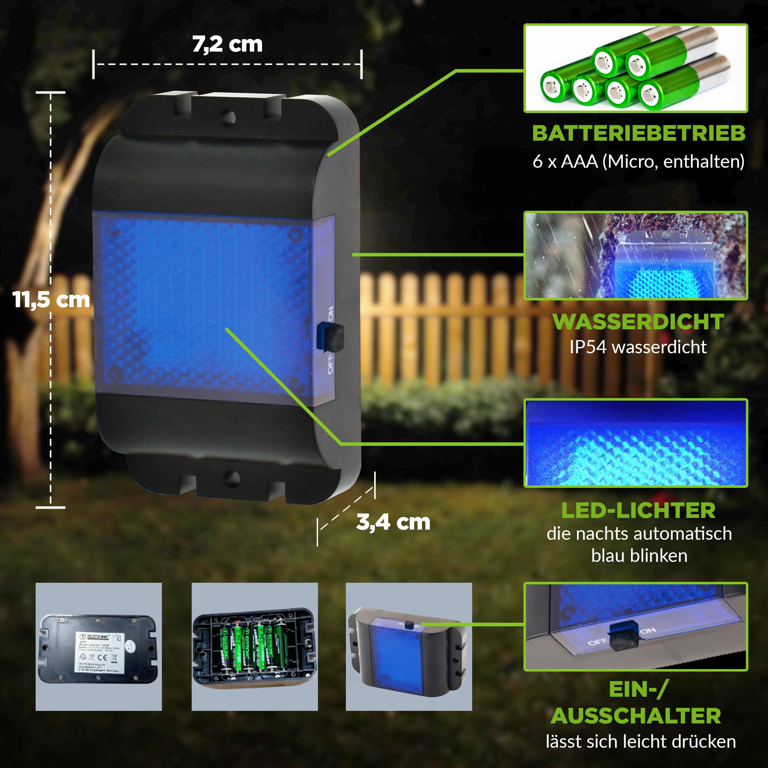 ISOTRONIC Tiervertreiber zur Abwehr von Waschbären, Rehen, Füchsen & Wildschweinen – Wildtier Vertreiber mit blauem LED-Licht – effektive Tierabwehr mit 40m² Wirkungsbereich (6 Stück)