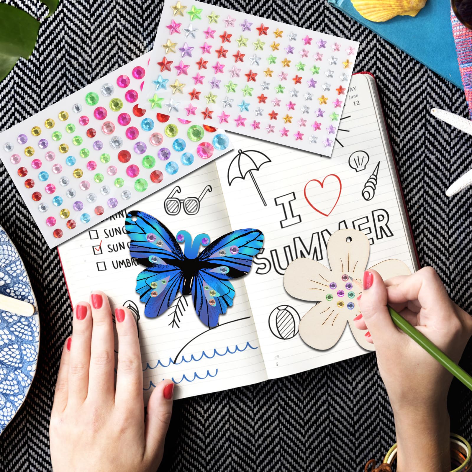 Kit Créatif Enfant 45 Pièces En Bois - Papillons Et Fleurs à Peindre - Avec Feutres Aquarelle Et Strass - DIY Décoration Noël - 6