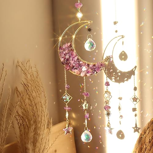Amethyst Crystals Suncatcher - Hanging Moon Sun Catcher with Glass Prisms for Windows, Healing Amethyst Crystal Decor for Home, Gift for Christmas Birthday Valentine Mothers Day - Style 1