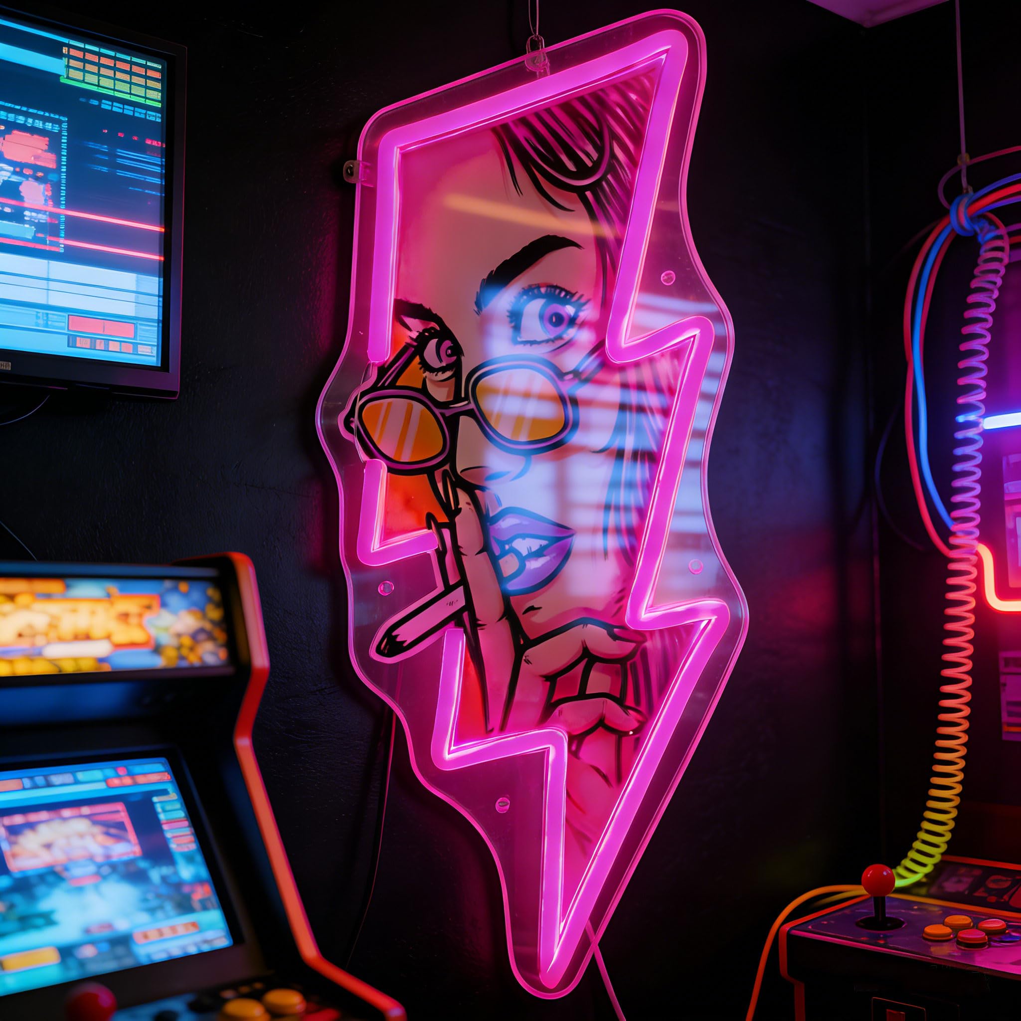 CTTNLS Pop Art Girl Neon Sign - USB LED Lightning Bolt Shaped Night Light, Comics Style Lady with Glasses Wall Decor, Pink Hanging Lamp for Teen Girls Bedroom, Bar, Game Room, Coffee Shop, Birthday