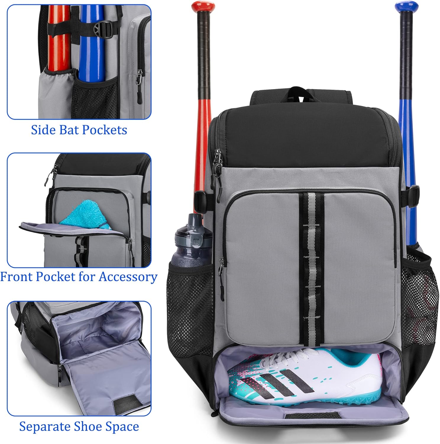 GOBUROS Baseball Backpack Holds Up to 4 Bats, Softball Bat Bag with Separate Shoe Space and Multiple Pockets for Essentials