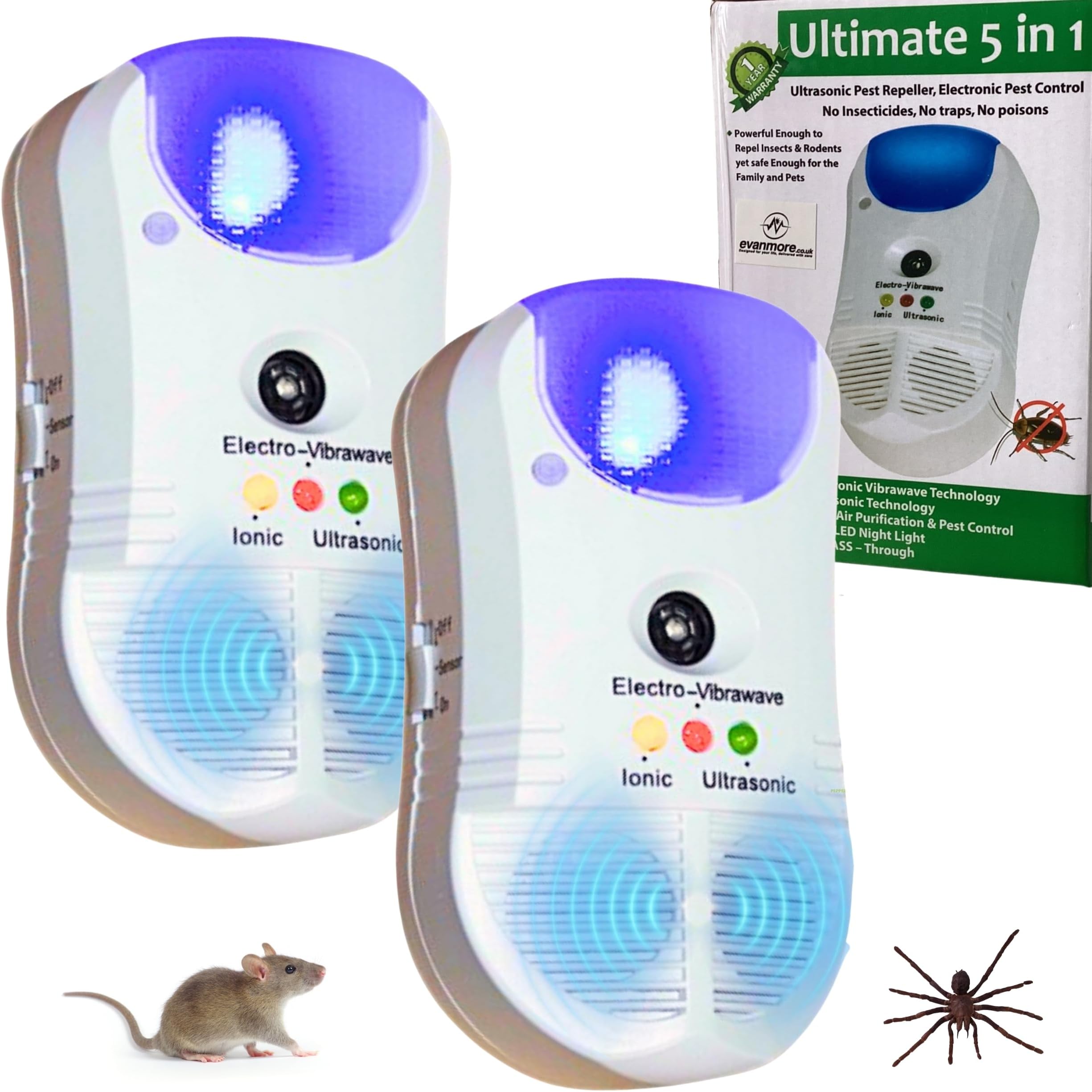 2 x Ultrasonic Pest Repeller Rodent Repellent - 5 in 1 Electronic Plug In Control for Rats Mouse Mice Insects Spiders Bugs Cockroaches Advanced 2018 Device Safe for Humans and Pets Chemical Free Home