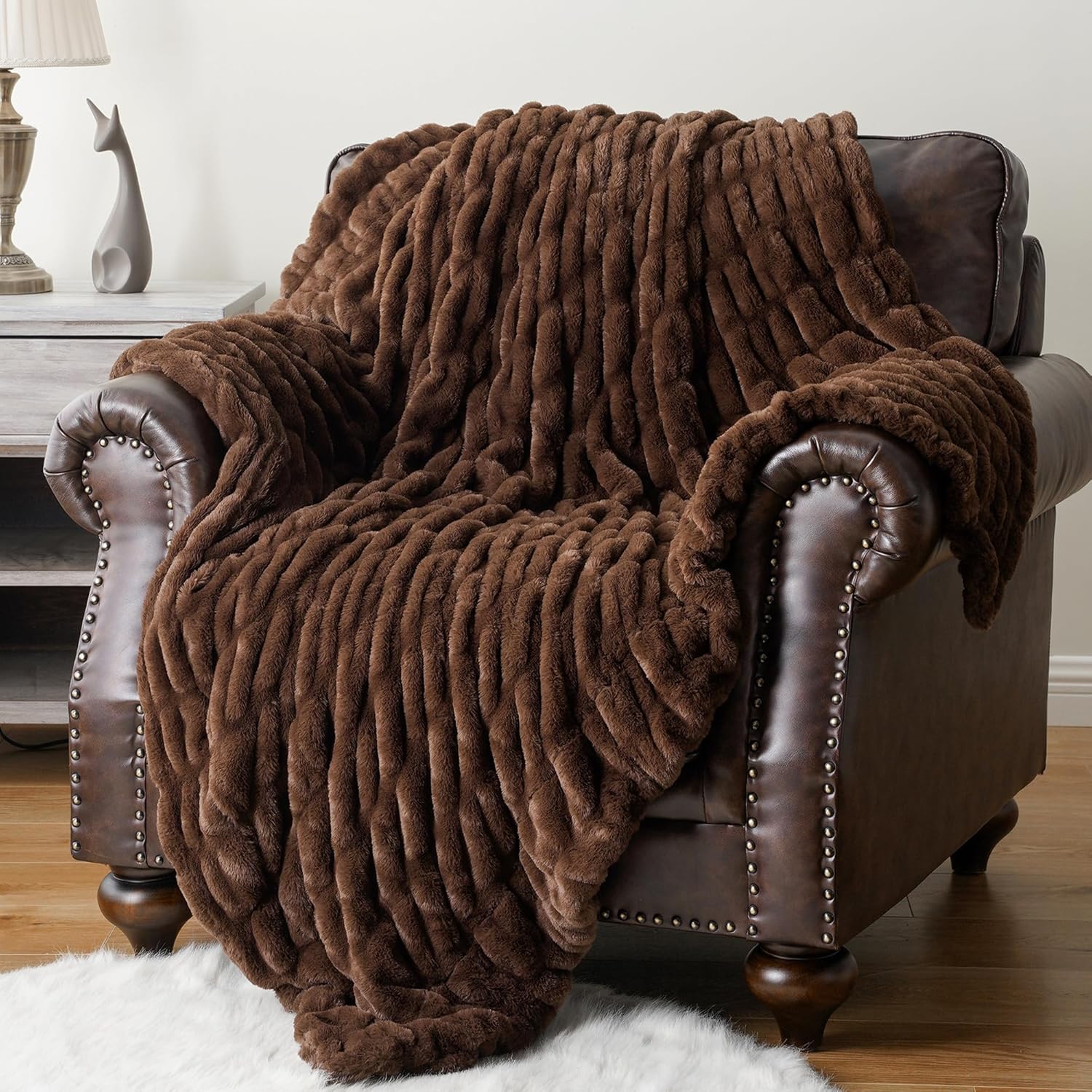 BATTILO HOME Chocolate Brown Faux Fur Throw Blanket for Couch, Double Side Reversible Ruched Rabbit Fur Blanket for Couch, Bed, Super Soft Cozy Warm Mink Blanket, 50x60 Inches - Image 3