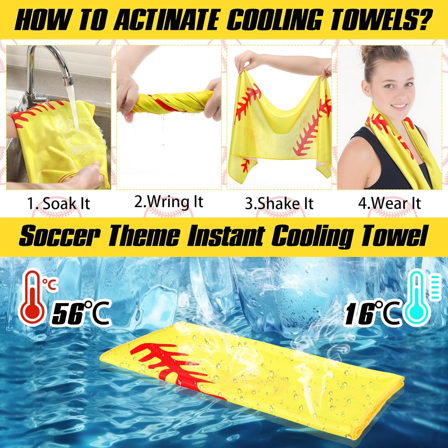 Tegeme 18 Counts Yellow Pink Softball Cooling Towels 40"x12" Sports Breathable Chilly Ice Fast Drying Towel Cool Training Sweat Rag for Coach Sport Party Favors Team Gift