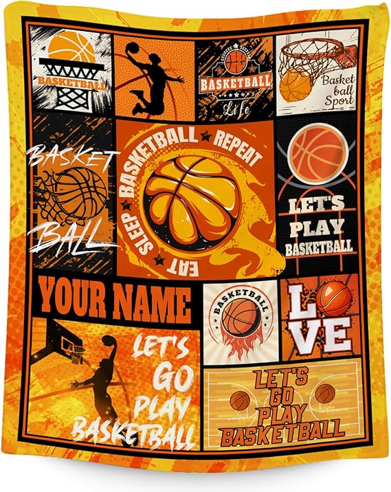 Custom Basketball Blanket - 40x50 Inches Sports Throw Blanket for Boys Kids - Orange Soft Fuzzy Blankets for Couch, Sofa & Office