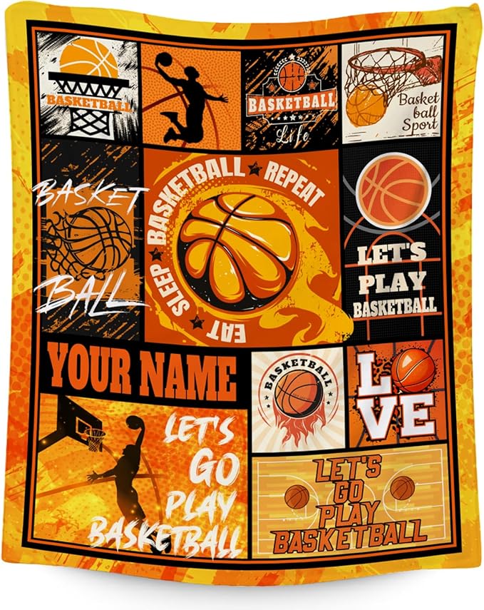 Custom Basketball Blanket - 40x50 Inches Sports Throw Blanket for Boys Kids - Orange Soft Fuzzy Blankets for Couch, Sofa & Office