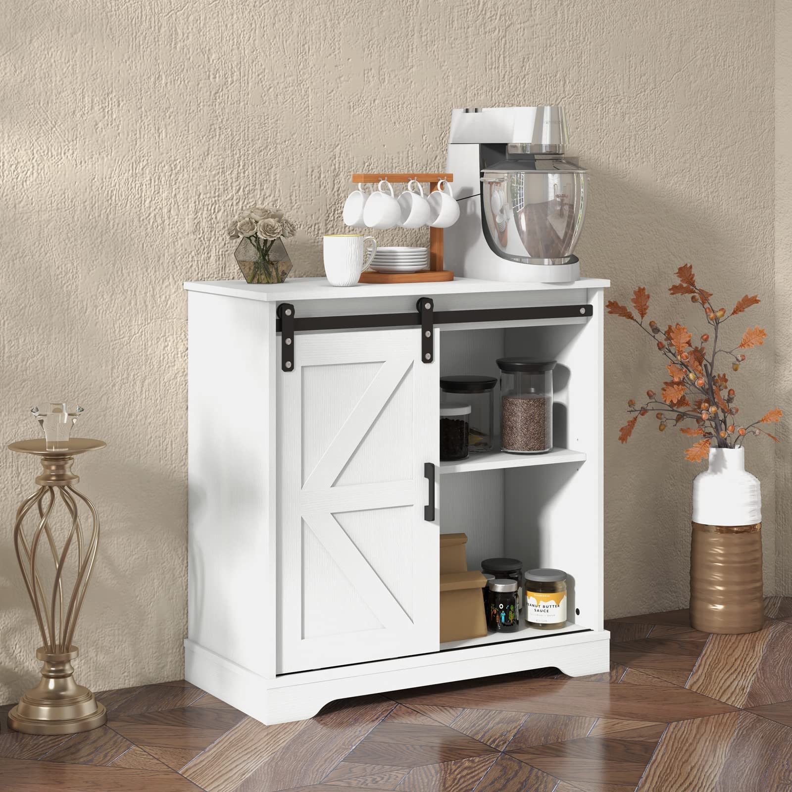 Panana Sideboard, Küchenschrank mit Schiebetür und Verstellbarem Regal, Aufbewahrungsschrank für Küche, Wohnzimmer, Esszimmer (Weiß), FRSB55