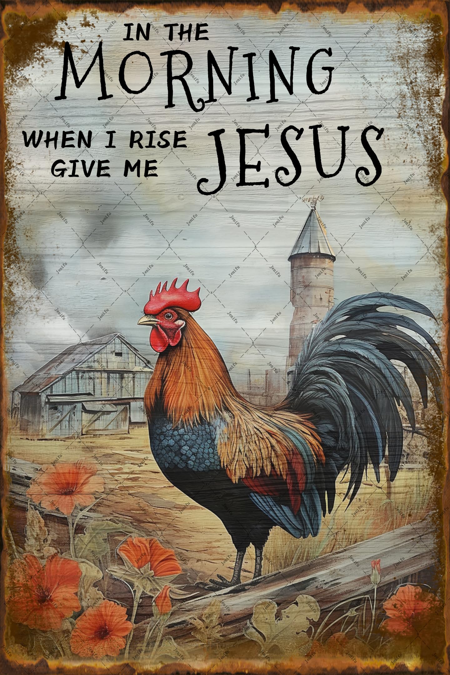 Jenifu Rooster Crowing Farm Fence Wall Plaque In The Morning When I Rise Give Me Vintage Metal Tin Sign For Home Garden Farmhouse Yard Farm Decorative Home Decor Signs Funny Wall Decor 8x12 Inch-image-7