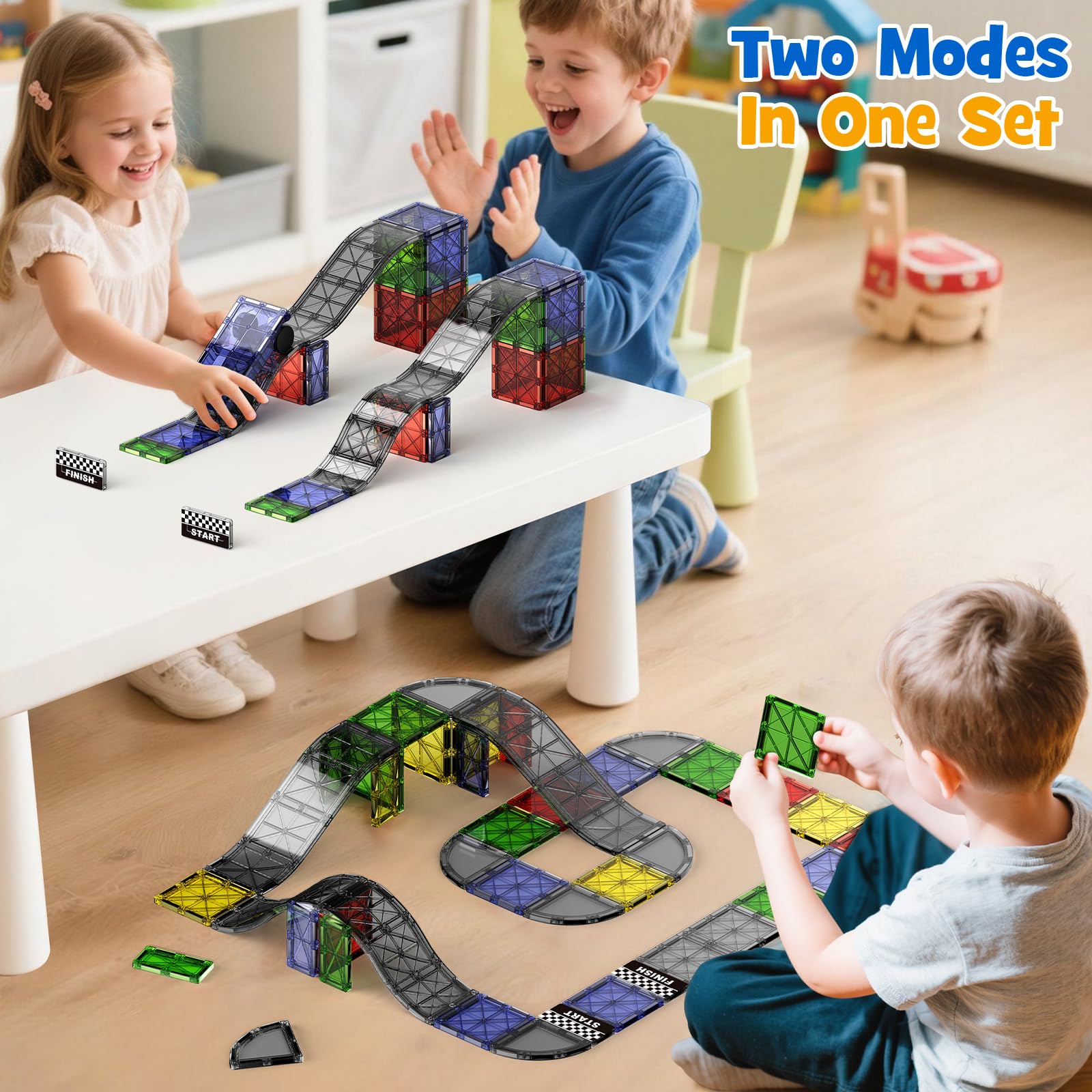Magnetic Tiles Downhill & Road Set, 40PCS STEM Building Toys for Kids Aged 3+ - Image 2