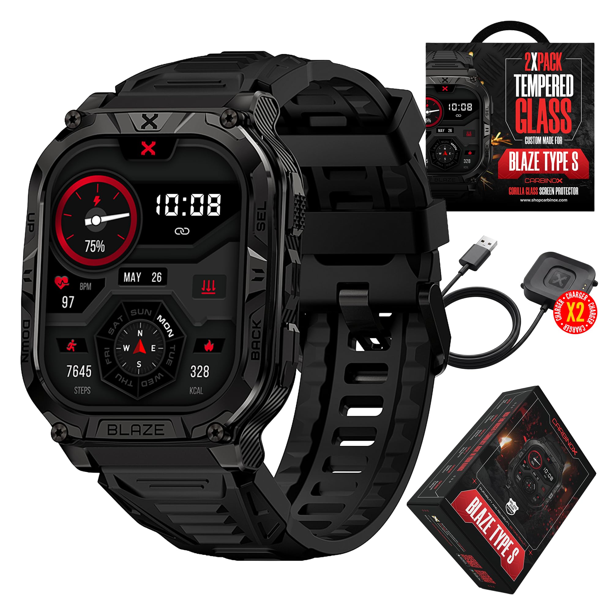 CARBINOX Blaze Smart Watch with GPS – Rugged Fitness Trackers, IP69K Waterproof, 170+ Sports Modes, Gorilla Glass, Make/Receive Calls, Android & iOS Compatible
