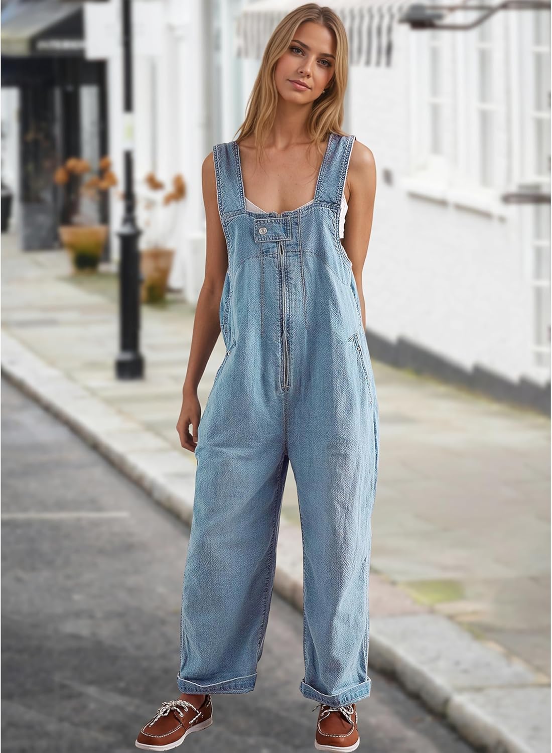 Fdakg Women's Denim Overalls Casual Loose Fit Wide Leg Jumpsuit Zipper Sleeveless Bib Overalls Jeans with Pockets - Image 2