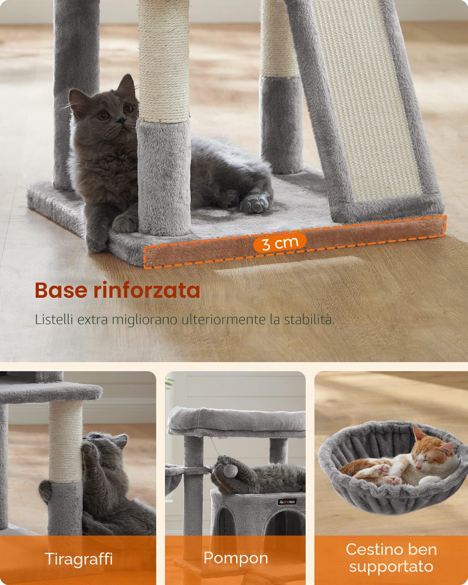 Feandrea Albero per Gatti, Tiragraffi per Gatti, Pali e Rampa Graffiatoio in Sisal Naturale, 2 Pompon Sospesi, Grotta, Cesto, Trespolo di Peluche, Grigio Chiaro PCT51W