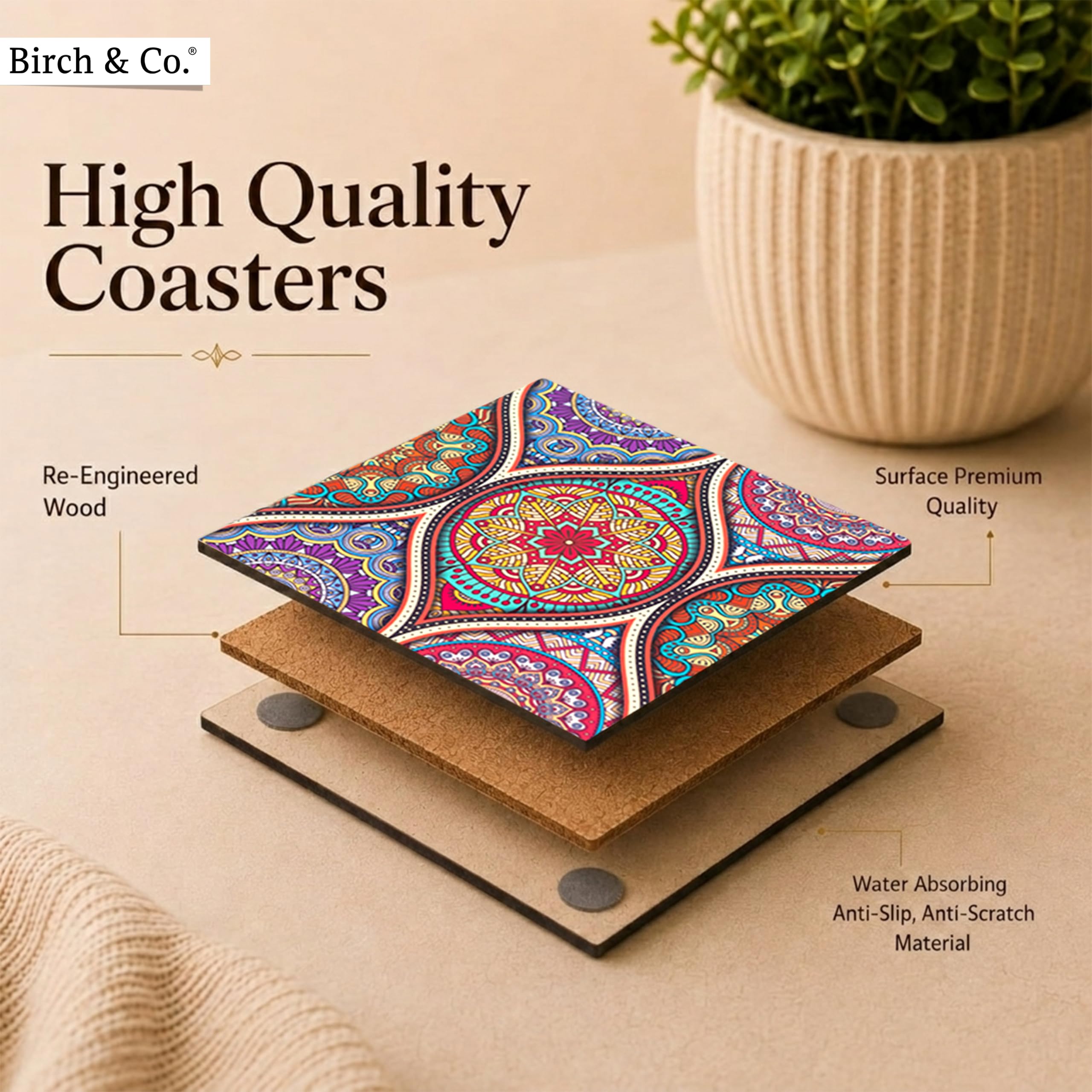 Birch & Co. Leather Coasters - Tea Coaster - Dining Table Decor Accessories - Coster Set For Dining Table For Hot Pots - Coasters For Cups Set Of 6 -Durable And Long-Lasting, Premium Finish, Mandala — Amazon image 6