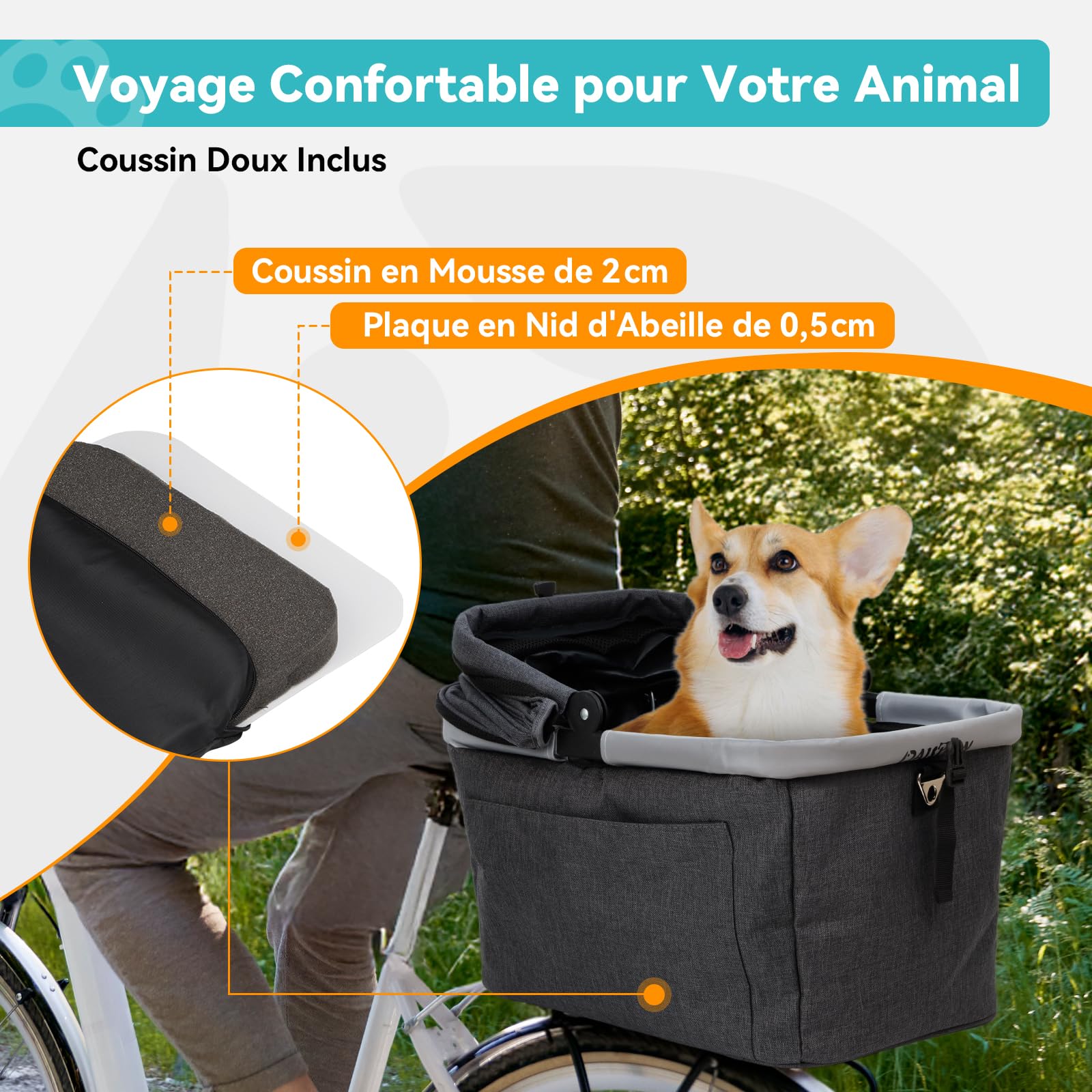 Panier Vélo Arrière pour Chien Pliable Jusqu’à 12KG avec Cadre Métallique, Fixation Rapide pour Diamètre de 9 à 12mm, Fenêtre en Maille, Coussin Doux, Bandes Réfléchissantes