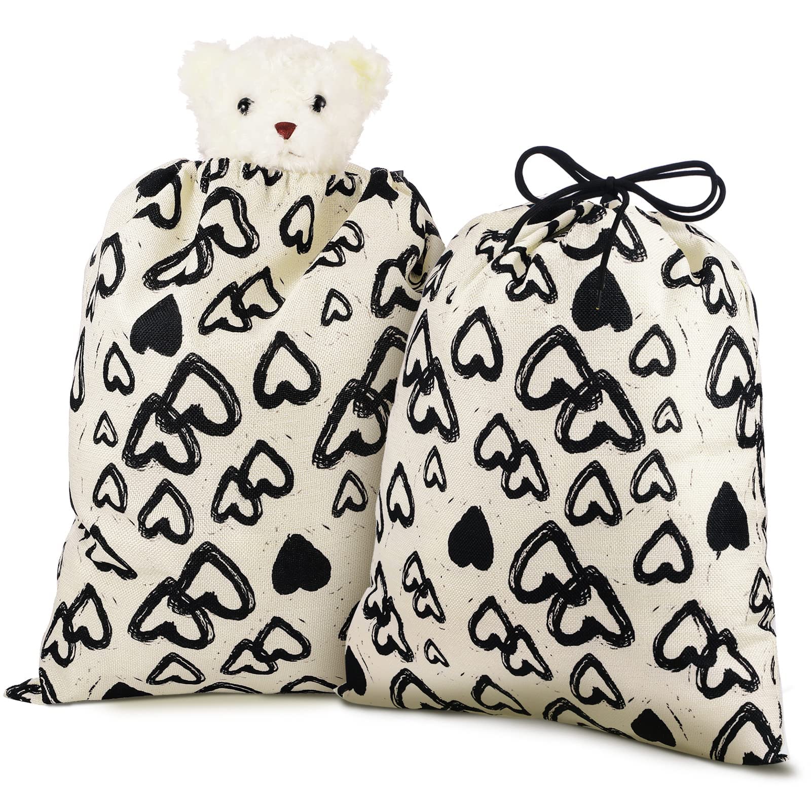 Photo 1 of 2 Pieces Large Gift Bag with Drawstring Large Canvas Gift Bags Heart Print Drawstring Present Wedding Bags Wrapping Reusable Bag Present Wrap Bags for Christmas, 20 x 16 in (Black,Heart) Black 20x16 Inch (Pack of 2)