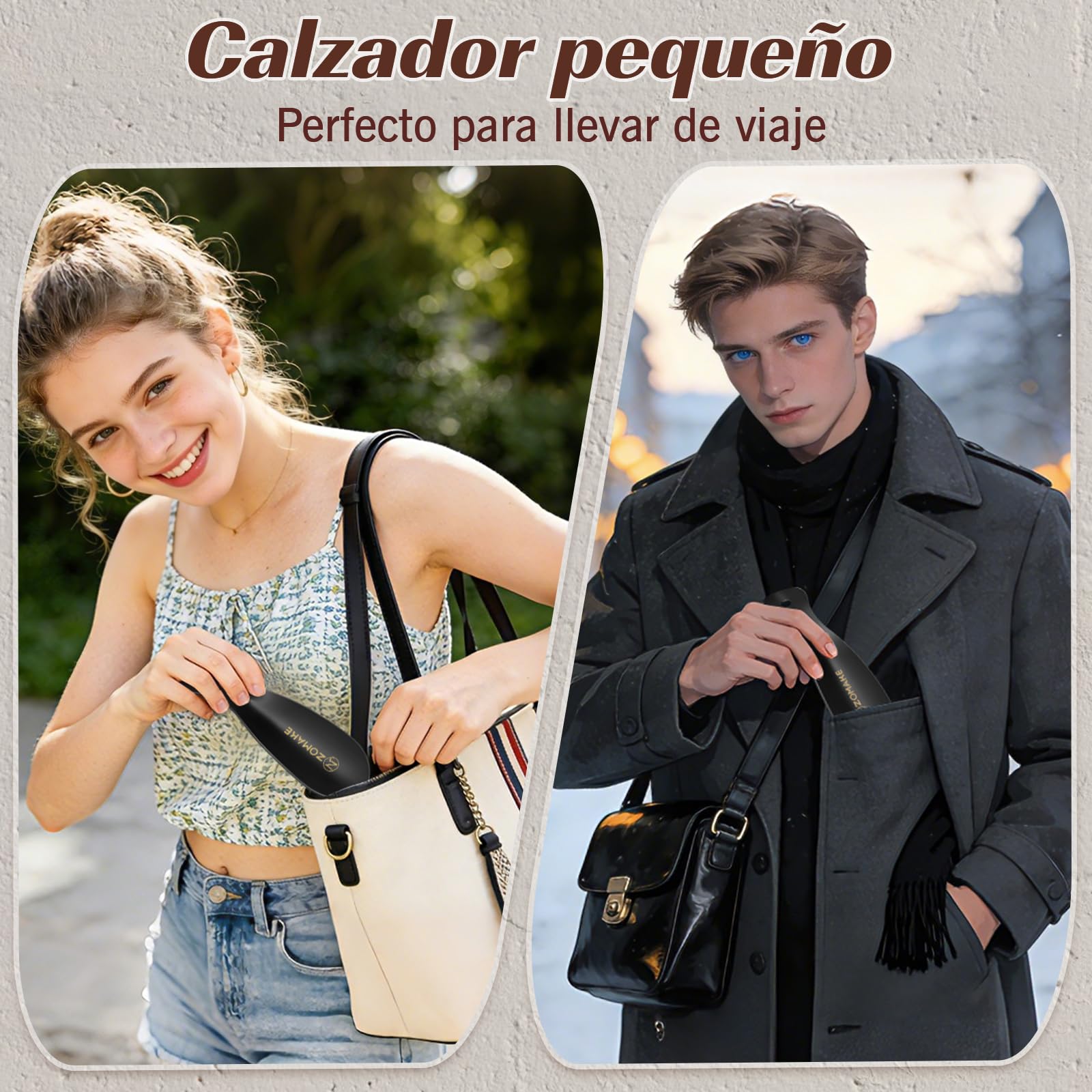 ZOMAKE Calzador de Zapatos 2 Piezas,42cm Largo Metalico Calzadores Negro para Personas Mayores con Correa Cuero,19cm Acero Inoxidable Shoe Horn Fácil de Utilizar(2 Piezas Negras A)
