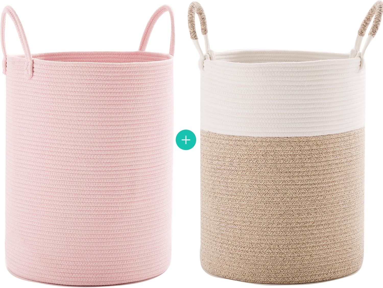 Pink and Brown Laundry Hamper Basket for Baby Nursery Kids, 15Dx20H inches Tall Woven Laundry Basket for Girls, Large Clothes Hamper for Bedroom