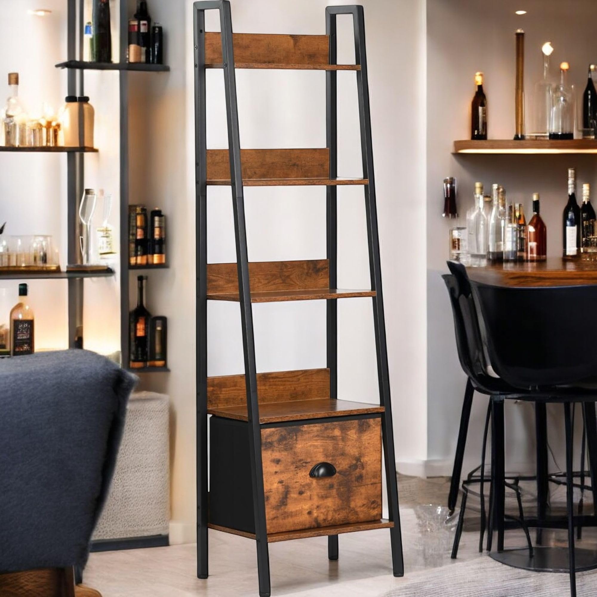 FurnitureR Étagère de Bar, Support de Présentation pour Bar, H-26cm Compartiment, Meuble de Rangement pour Bouteilles d'Alcools et Verres, 5 Niveaux Rangement avec Tiroirs en Non-Tissé, 42x29x141cm