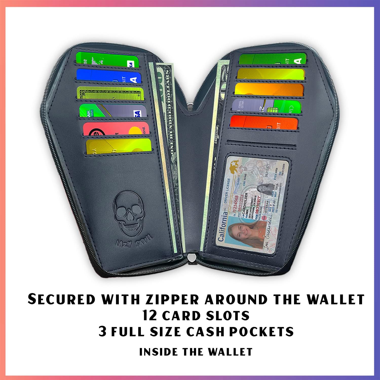 Lazy Skull Zip Around Coffin Wallet – Cute Witchy Small Purse for Women with Skull and Bat Design– Goth Accessory Wallet – Horror Coffin Purse– Spooky Halloween Gothic Wallet with Wristlet Strap - Image 4