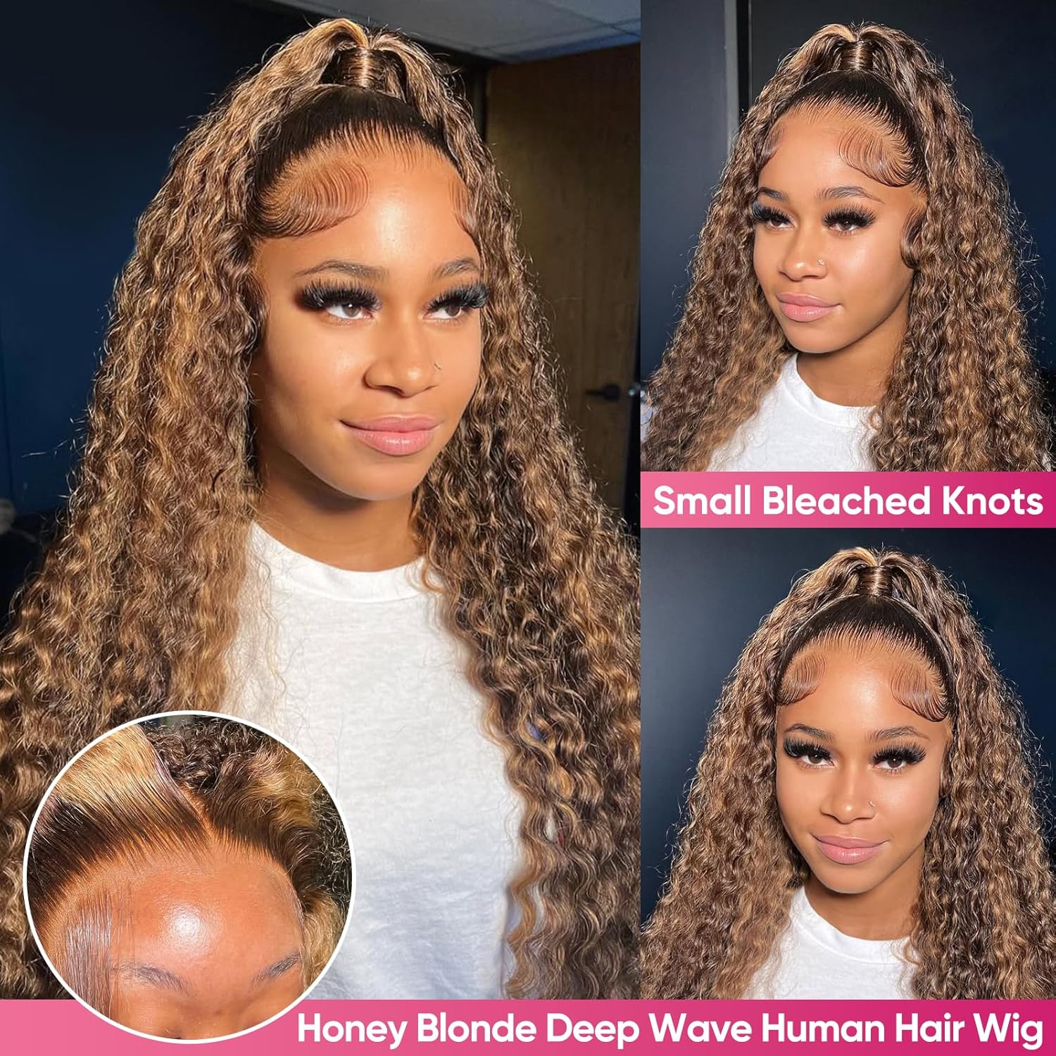 30 Inch Honey Blonde Wig Human Hair Deep Wave 13x6 HD Ombre Lace Front Wigs P4/27 Highlight Curly Human Hair Wig 200 Density Pre Plucked Human Hair Frontal Wigs for Women